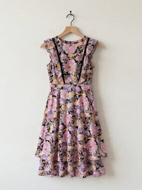 Petal and Pup Floral Tiered Ruffle Maxi Dress Black Pink Size 6